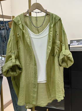 浅绿色苎麻挽袖衬衫女夏新品韩系