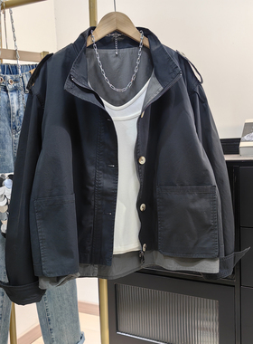 全棉立领短款风衣外套女秋新款酷飒肩扣设计感黑色小个子工装上衣