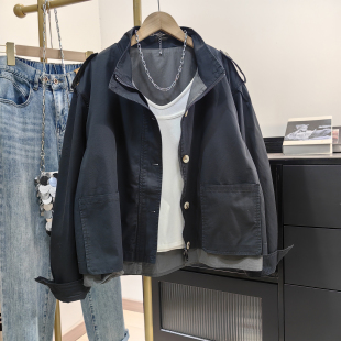 全棉立领短款风衣外套女秋新款酷飒肩扣设计感黑色小个子工装上衣