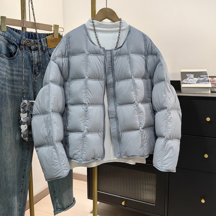 浅蓝色90白鸭绒超轻加厚保暖羽服女2025冬新款高级感方格圆领外套