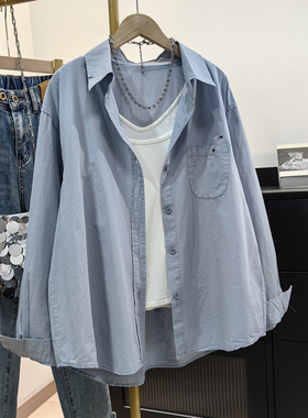 蓝色纯棉衬衫女长袖2025春季新款韩版休闲宽松叠穿小个子上衣外搭