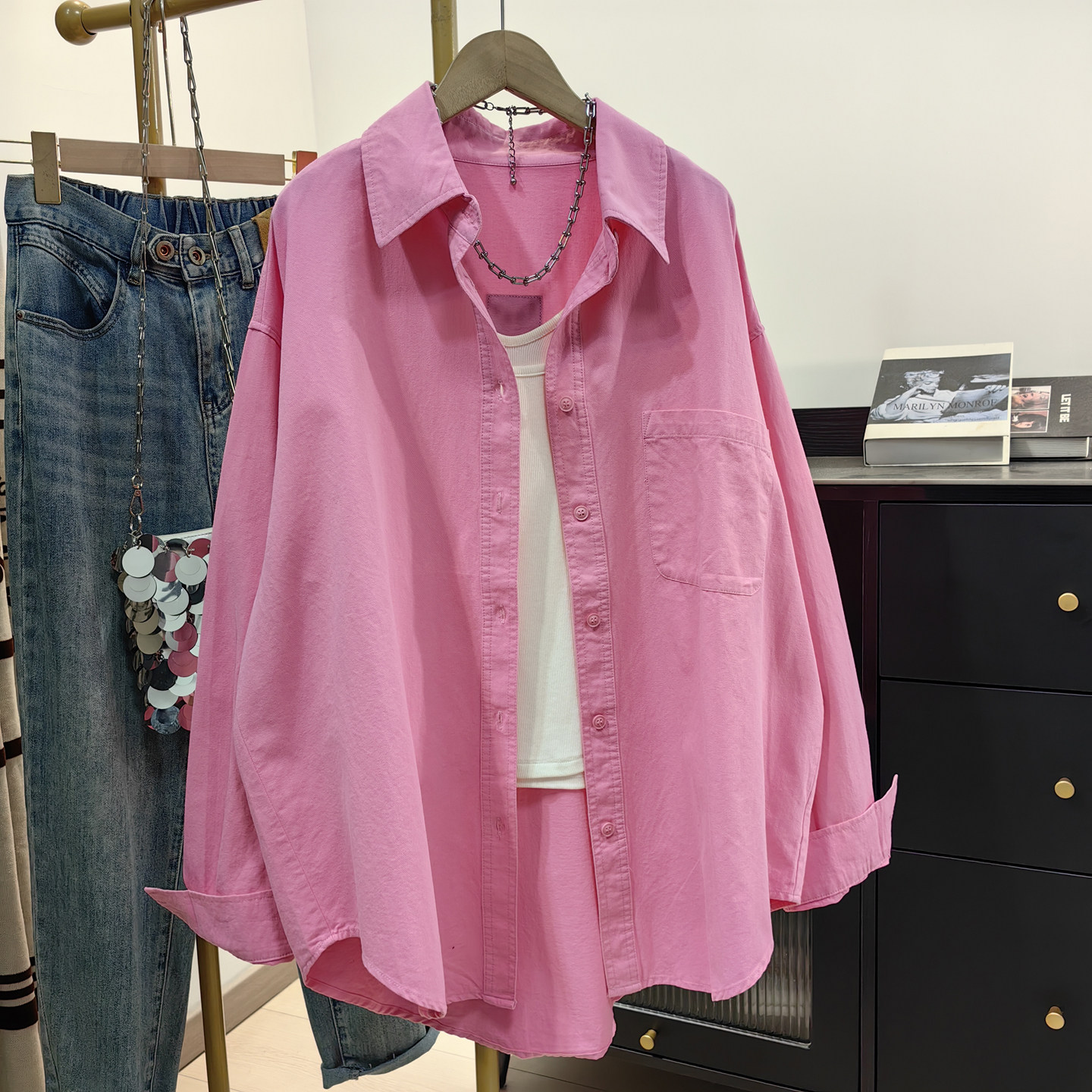 玫粉色纯棉衬衫女中长款2026春秋新款韩系休闲宽松慵懒风上衣外套,女装/女士精品,衬衫,淘宝优惠券,粉丝福利购,淘宝优惠卷