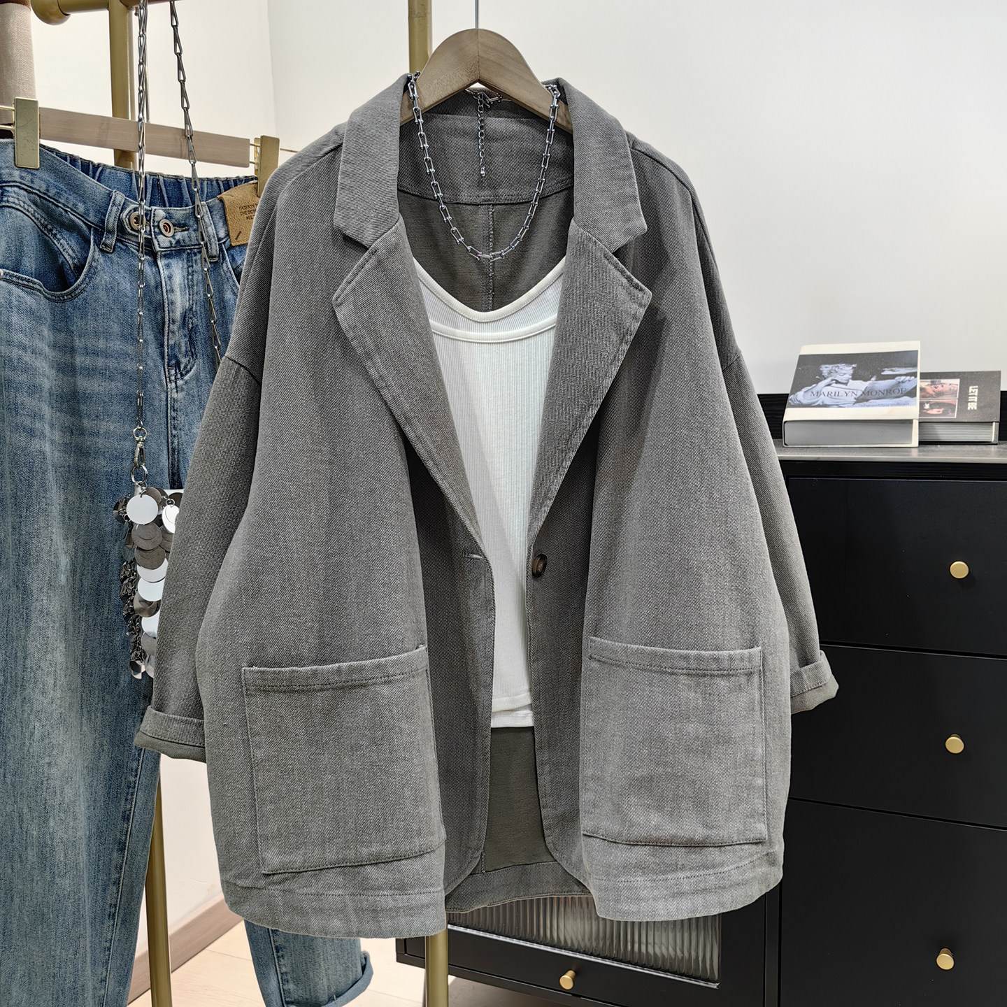 灰色全棉西装外套女春季新品韩版复古休闲一粒扣西服开衫宽松上衣