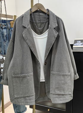 灰色全棉西装外套女春季新品韩版复古休闲一粒扣西服开衫宽松上衣