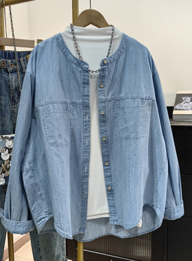 浅蓝色纯棉牛仔衬衫女春秋新款圆领宽松显瘦休闲叠穿长袖衬衣外套