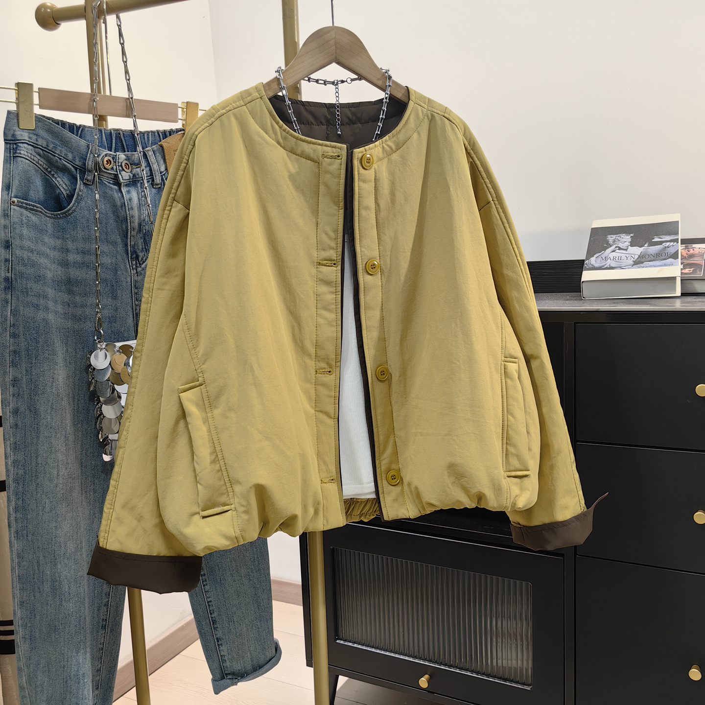 超好看撞色圆领棉服女秋冬新品韩