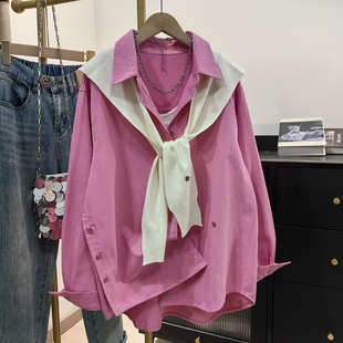 宽松减龄洋气别致纯棉上衣两件套潮 新款 韩系玫粉色披肩衬衫 女春季