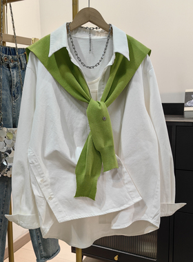 绿色披肩加白衬衫两件套女春新款韩系休闲宽松设计感时尚上衣外套