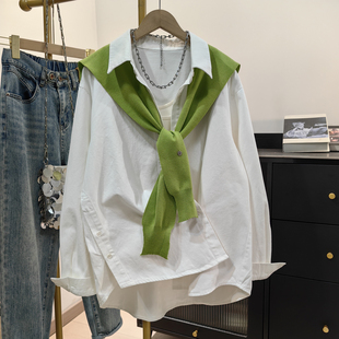 上衣外套 韩系休闲宽松设计感时尚 绿色披肩加白衬衫 两件套女春新款