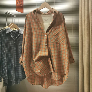 宽松港味复古慵懒风防晒衬衣外套上衣 橘色格子衬衫 女长袖 夏季 新款