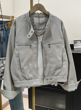 高级感浅灰色立领皮衣女2026春装新款复古宽松短款机车夹克外套潮