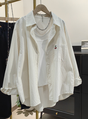 竖条纹樱桃刺绣纯棉衬衫女春夏新款防晒外套休闲宽松百搭开衫上衣