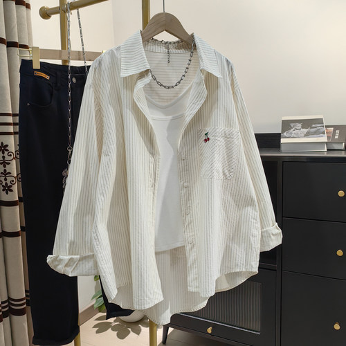 竖条纹樱桃刺绣纯棉衬衫春夏新款