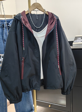 黑色连帽拉链夹克衫女秋装新款通勤休闲风撞色上衣高级感宽松外套