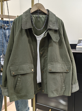 巴恩风军绿色短款工装外套女春秋新款复古宽松休闲小个子夹克上衣