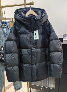 2025冬黑色连帽羽绒服女小个子宽松显瘦面包服白鸭绒保暖轻便外套