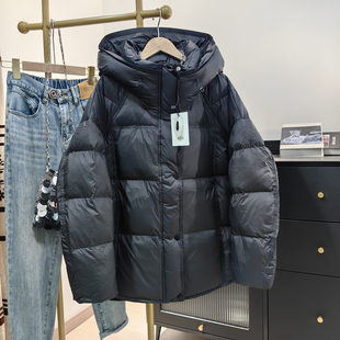 2025冬黑色连帽羽绒服女小个子宽松显瘦面包服白鸭绒保暖轻便外套