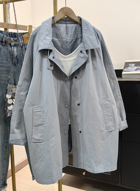 浅蓝色宽松工装风衣女春秋新款韩系中长款松弛感百搭休闲显瘦外套