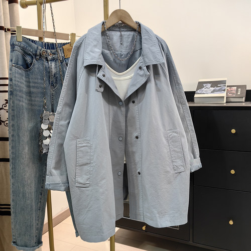 浅蓝色宽松工装风衣女春秋新款韩