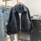2026春新款 PU皮高级感小个子夹克外套 黑色皮衣女宽松复古翻领短款