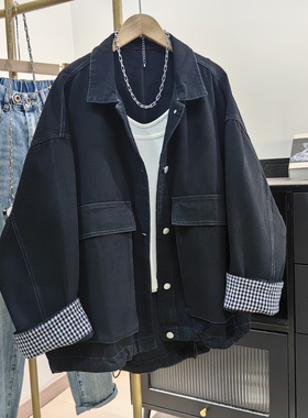 明线设计黑色牛仔外套女春秋复古港风翻袖格子阔版工装夹克上衣潮