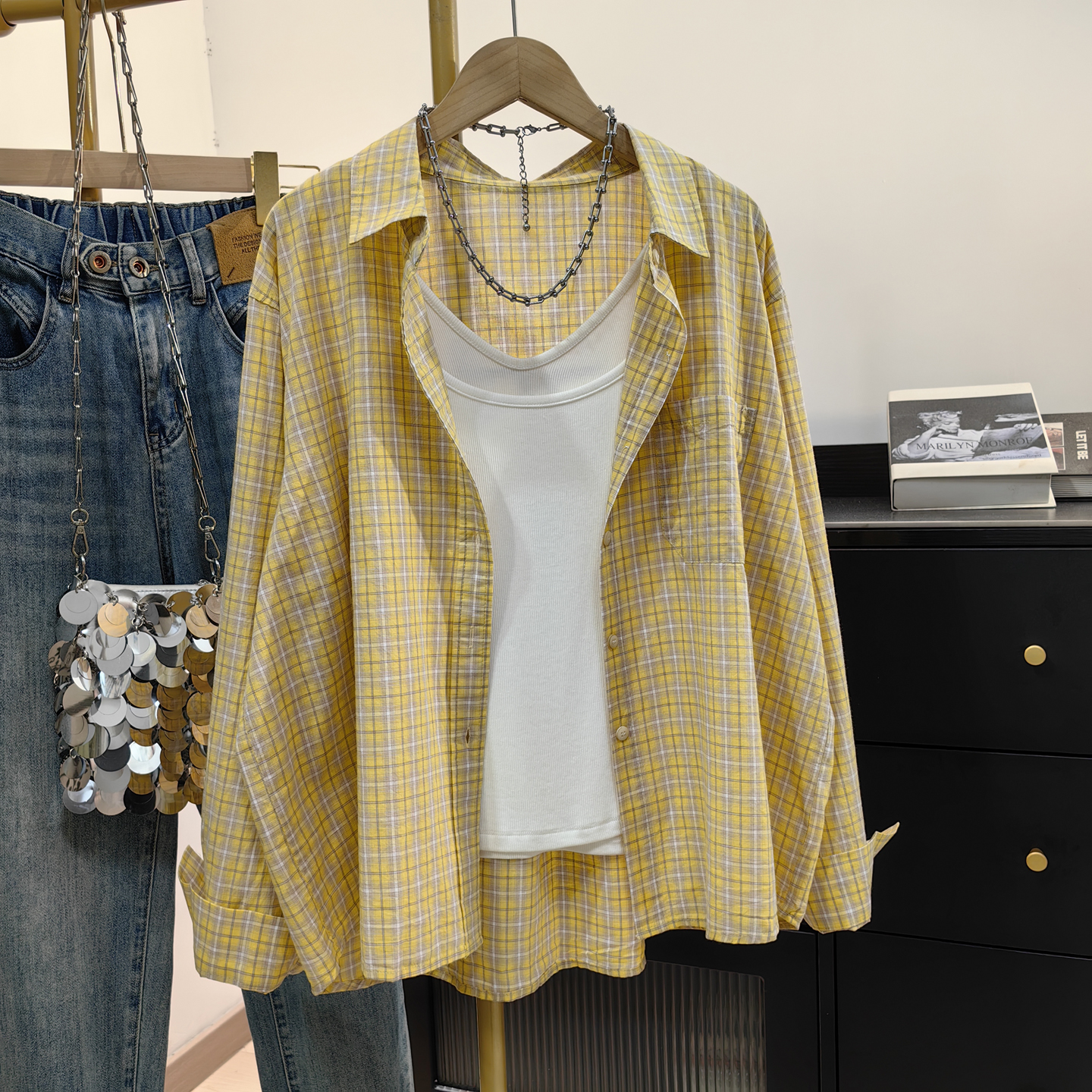 黄色全棉格子衬衫女长袖春秋新款