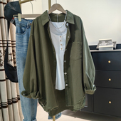 宽松休闲工装 新款 风军绿色衬衣 外套女2024秋季 设计感小众破洞衬衫