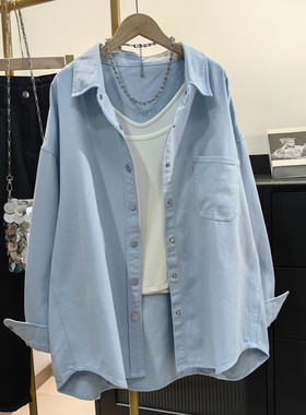 2025春秋新款韩版休闲宽松纯棉长袖衬衫女中长款蓝色衬衣工装外套