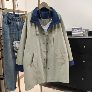 韩系撞色立领中长款风衣女2026新款宽松休闲工装风外套春秋大衣潮