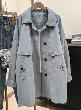 2026早春新款浅蓝色纯棉工装风衣女中长款宽松休闲插肩袖薄外套潮