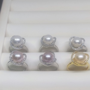 10mm+ 铜镀金鸟巢皓石开口戒指 天然淡水珍珠正圆强光款后近无瑕