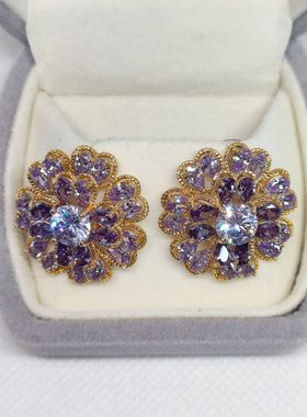 紫色皓石大花蕾丝耳钉s925纯银耳针欧美夸张大气优雅法式时尚轻奢