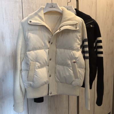 撞色四条杠加厚保暖90%白鸭绒针织拼接袖短款羽绒服女2024秋冬