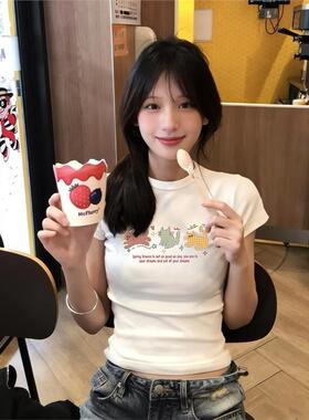 白色正肩圆领纯棉短袖T恤女夏季卡通减龄印花设计休闲百搭上衣女