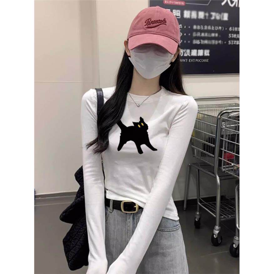 早春新款白色圆领正肩修身上衣女简约卡通小猫印花甜辣妹长袖T恤