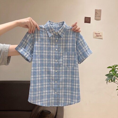 韩系百搭宽松格纹短袖衬衫夏季女韩版复古显瘦翻领休闲格子衬衣