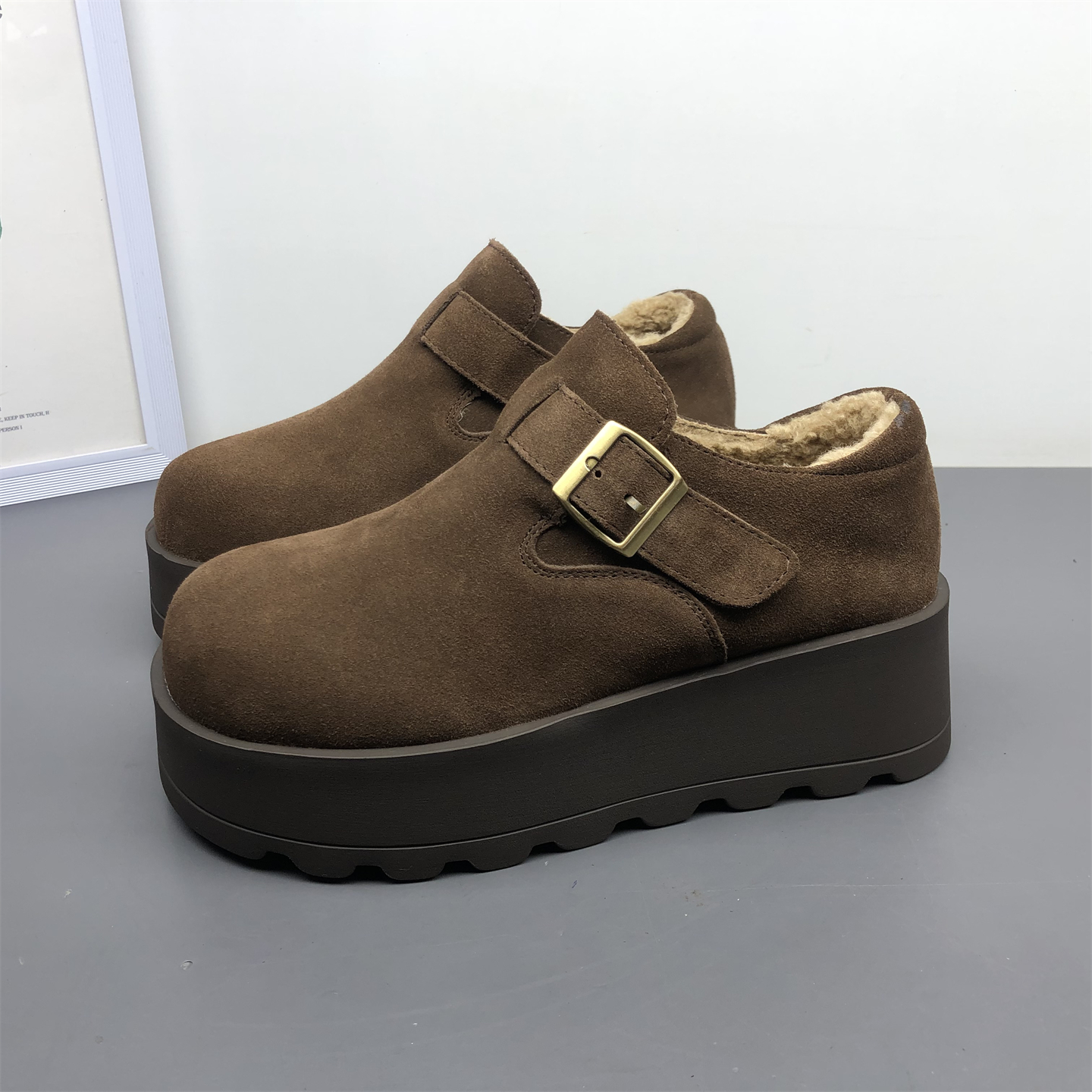 女鞋加绒博肯鞋真皮厚底百搭