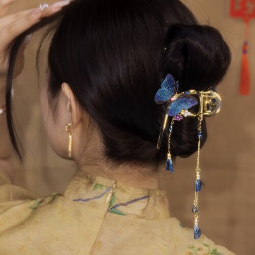 鲨鱼夹刺绣高级感蝴蝶流苏发夹