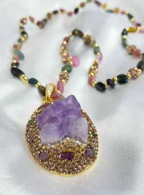 天然手工原矿饰品女碧玺紫晶