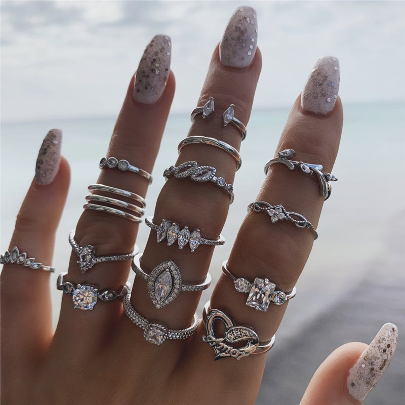 15件套ins蹦迪戒指叠戴宝石镶钻关节戒指环多个套装组合女度假风