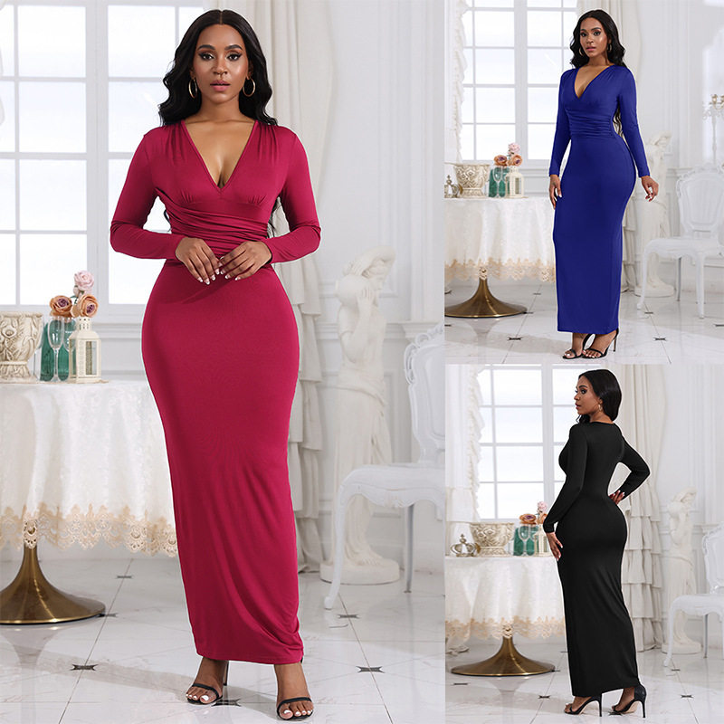 欧美性感V领修身褶皱纯色长袖跨境连衣裙women V neck dress sexy