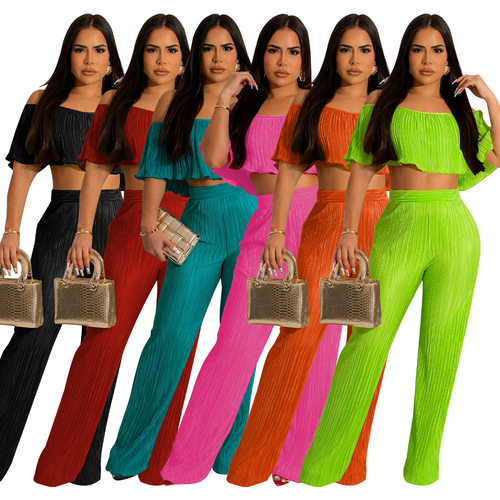 Women off shoulder pleated top+wide leg pants set阔腿裤套装