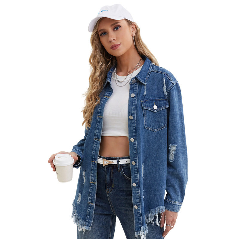 2024欧美大码牛仔上衣破洞牛仔外套休闲women jeans coat jacket