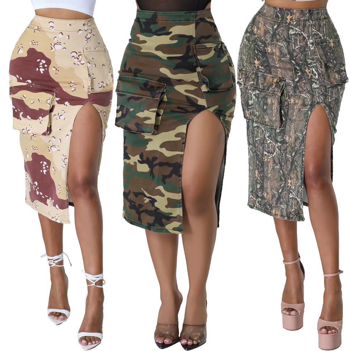 women fashion skirt 欧美中长迷彩包臀裙性感开叉立体口袋半身裙