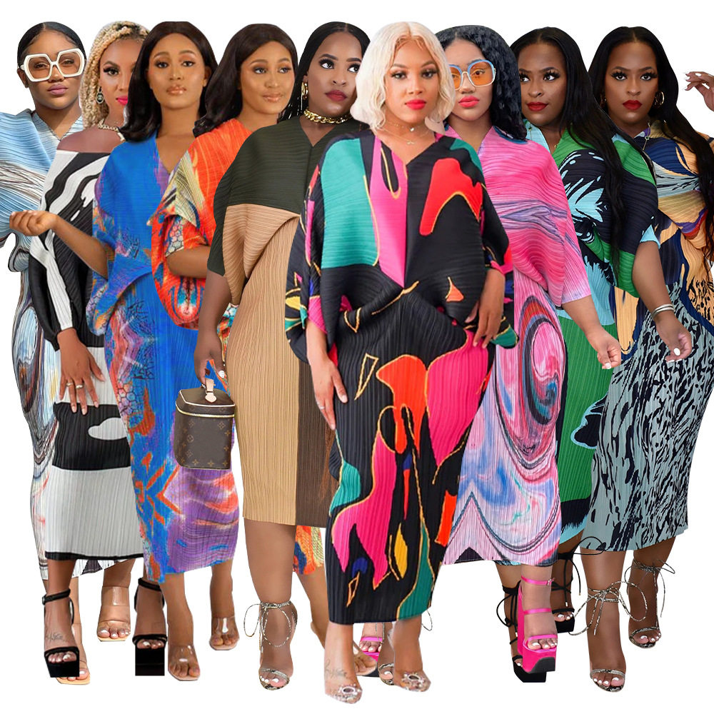 Women's V-neck batball sleeve printed dress女V领蝙蝠袖连衣裙
