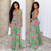 slit Women dress女吊带连衣裙 printed pleated sexy suspender