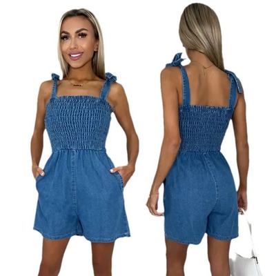 2024欧美松紧吊带牛仔连体短裤弹力 women short jumpsuit jeans