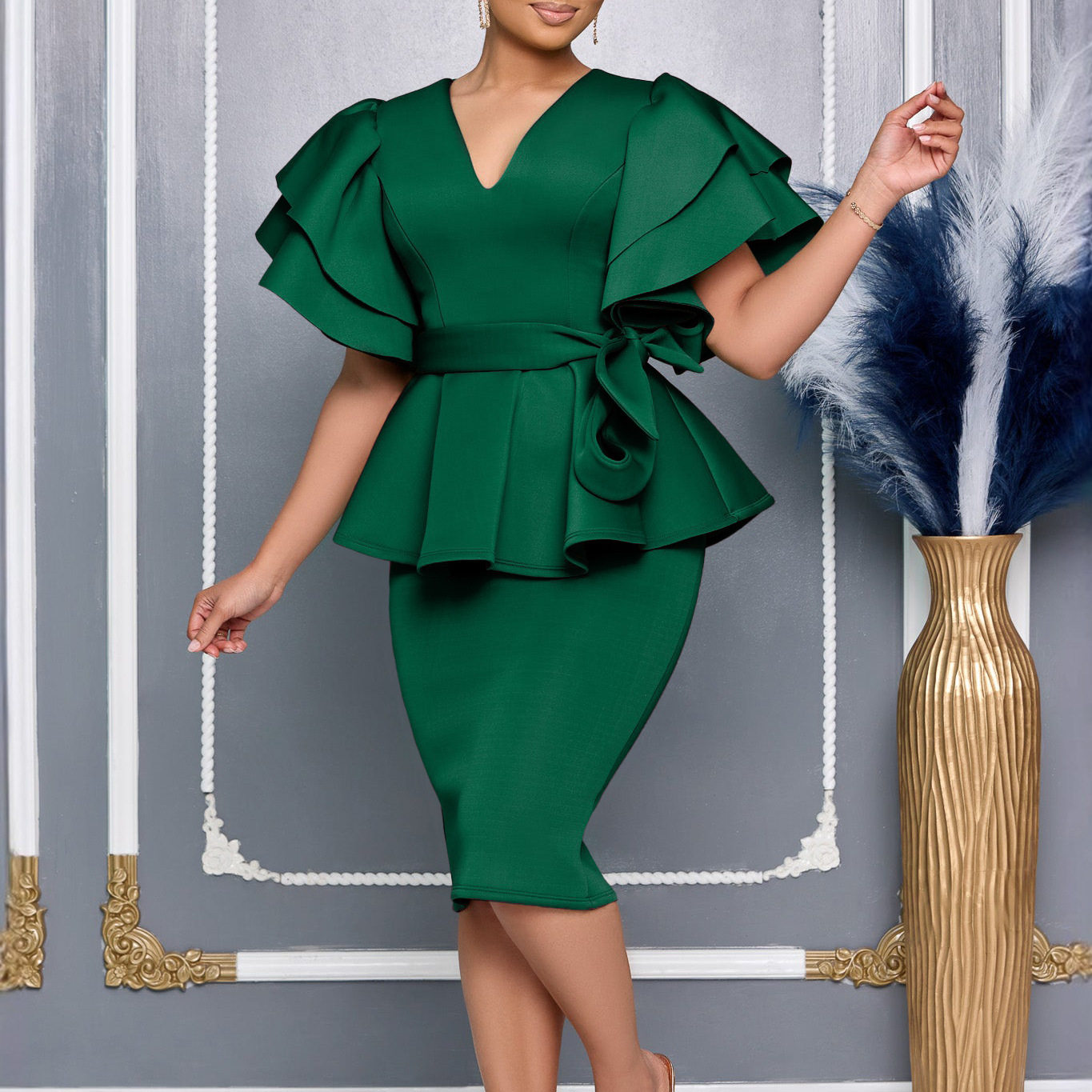 African dress with ruffled edges女荷叶边包臀礼服非洲连衣裙