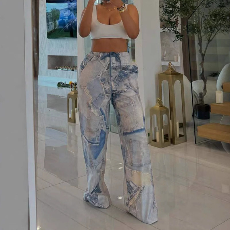 Women's printed imitation denim elastic waisted casual pants