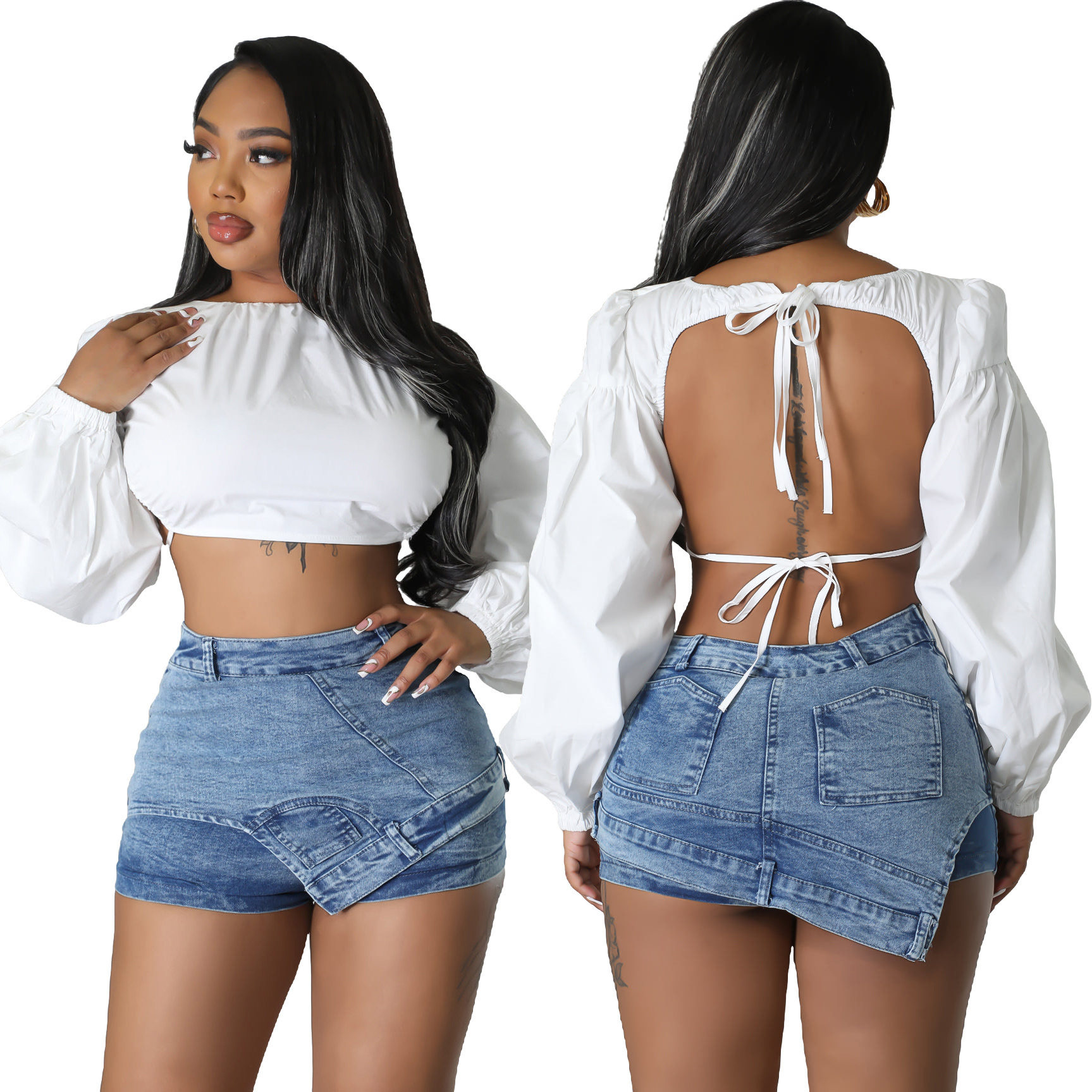 women jeans shorts欧美休闲弹力短裤时尚前后两穿百搭牛仔裤短裤